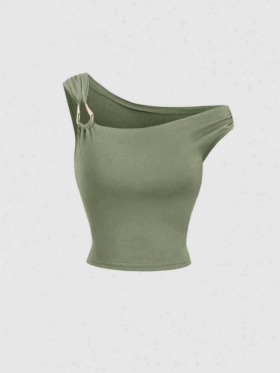 Sweetra 不对称下摆合身百搭背心，适合春夏季节 - 軍綠色 - 查看 1