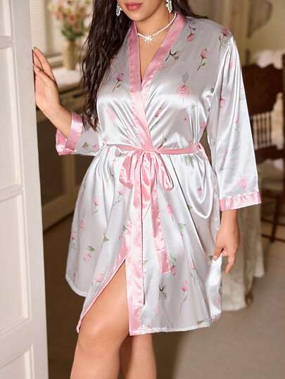 CottageSlumber 女士加大码撞色印花仿丝睡袍，夏季穿着，繁花似锦，舒适优雅，秋冬季皆宜。