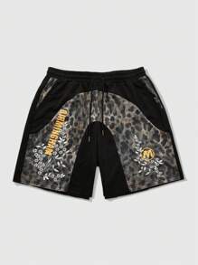 ROMWE MEN Street Life Men's Streetwear Mix-Matched Leopard Print Shorts - Black - View 1