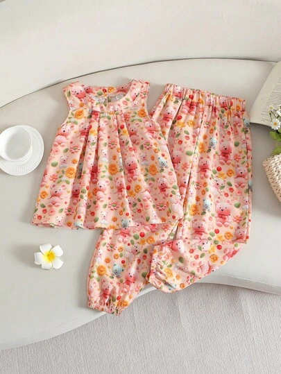 SHEIN 2 件年轻女孩节日碎花复古套装：宽松圆领无袖上衣 + 阔腿松紧腰裤，夏季度假装