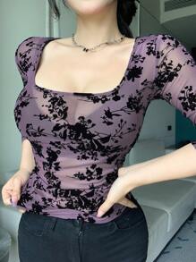 DAZY Camiseta interior ajustada y transparente con cuello cuadrado y estampado floral menudo para mujer, ropa de otoño, ropa de vuelta al colegio