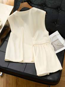 SHEIN Clasi Women's Summer Solid Color Single-Breasted Vest And Shorts Casual 2 Pieces Set - Apricot - View 2