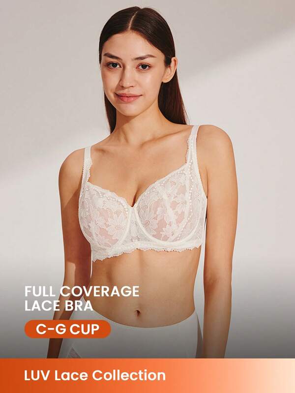 LUVLETTE Woman Lingerie Lounge Curve Full Coverage Pushup&Breathable Underwire Sexy Unlined White Lace & Mesh Minimizer Bra