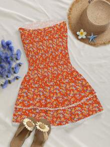 Sunnyshic 海军蓝露肩收腰镂空刺绣荷叶边下摆波西米亚风休闲 A 字迷你连衣裙 - 彩色 - 查看 2