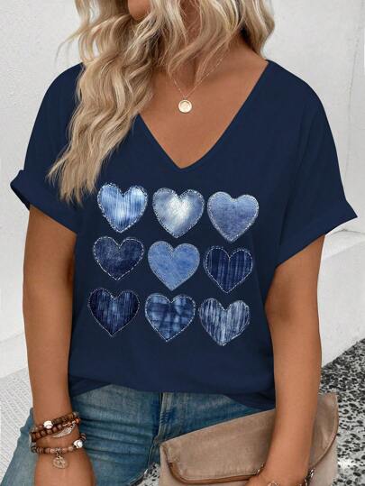 SHEIN Plus Size Women Casual V-Neck Short Sleeve Fake Blue Heart Printed Tee