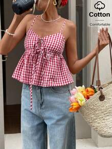 Serisse Women's Plaid Print Ruffle Hem Knot Front Camisole Top Christmas Summer Check