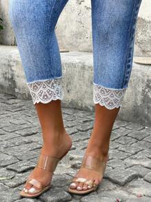 SHEIN Clasi Leggings de efecto de mezclilla con encaje en contraste para mujer de tallas grandes