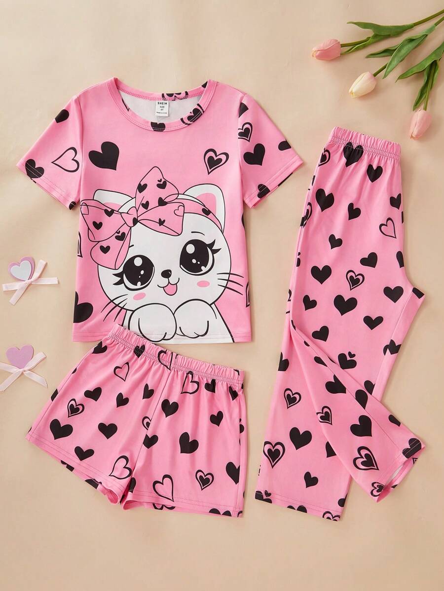 3 Stück/Set Mädchen Casual Süß Herz-Katzen-Muster Kurzarm T-Shirt, Shorts, Lange Hose Heim Outfit Vatertags Geschenke Welpe Sommer Strand Sommer Kleidung Pyjama Sets Mädchen Kleidung 4 Kleidung für Mädchen 10 Mädchen Kleidung für Kinder 3 - Pink - Übersicht 1