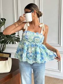 SHEIN Frenchy ملابس علوية كاجوال صيفي للنساء مزين بأزهار ثلاثية الأبعاد مناسب للارتداء اليومي الصيفي، للخروج، العطلات، التخرج، الرابع من يوليو، الملابس الغربية، الشاطئ، ملابس علوية بيبي دول - متعدد الألوان - مشاهدة 2