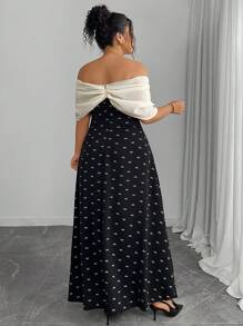 Modelyn Plus Size Black Print Contrast Apricot Butterfly Off Shoulder Cinched Waist A-Line Dress - Black - View 2