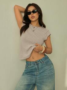 SHEIN PETITE Maglietta casual estiva da donna a maniche corte con collo tondo e righe