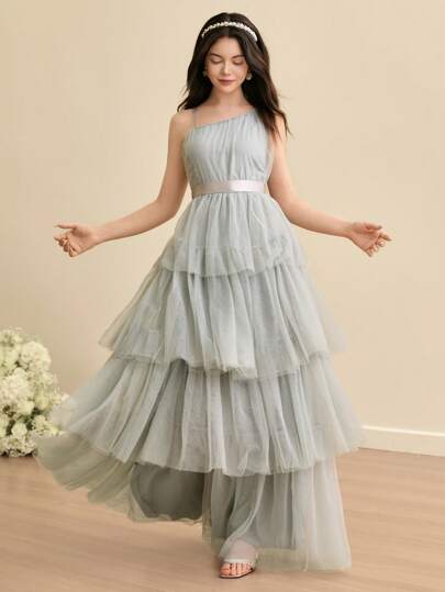 SHEIN Teen Girl Elegant Layered Tulle One Shoulder Cake Dress, For Bridesmaids, Valentine's Day, Teenagers, Flower Girls, Dance Recitals, Birthday Parties