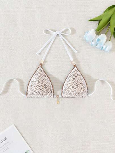 Swim Vcay Fashionable Women's Sexy Faux Pearl Decor Flower Trim Bikini Swimsuit, Suitable For Beach Vacation For Summer