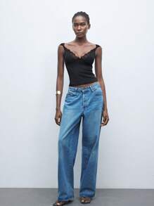 Maija Áo thun hở vai phối ren ôm vừa vặn màu đen, hàng mới 2025 mùa hè, thích hợp mặc cho khách dự tiệc cưới, tiệc sáng muộn, sân bay, kỳ nghỉ, lễ hội, tốt nghiệp, mặc hàng ngày - màu đen - Xem 2