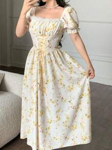 SHEIN PETITE Romantic Ditsy Floral Patchwork Lace Collar Puff Long Sleeve Cinched Waist Front Elegant Dress, Vacation Wear Vacation Outfits Women Skirt Women Birthday Outfit Women Dresses Birthday - Apricot - View 6