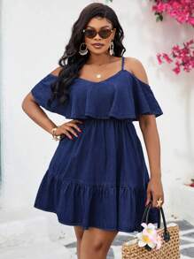 Váy denim thường ngày viền bèo nhún màu trơn cỡ lớn - Rửa tối - Xem 7