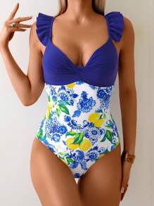 SHEIN Swim بدلة سباحة حريمي قطعة واحدة ، برقبة واحدة وأشرطة مكسرة ، ذات طبعات ملونة وسادة، بأناقة الصيف