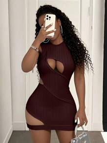 BamGleam 前开孔设计拼接迷你性感连衣裙 - 棕色 - 查看 1