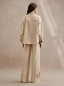 Anewsta 2 Pieces Set Women Spring Summer Chic Gold Sequins Beaded Shirt And Trousers - Khaki - View 3