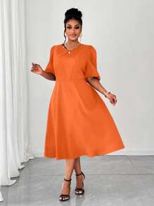 Maweii Plus Size Women Woven Puff Sleeve Orange Dress - Orange - View 5
