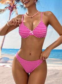 Swim Mod Summer Sweet Plaid Push Up Underwire Bikini Set - Red and White - View 3