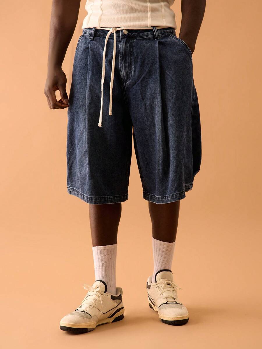 Musero Fold Pleated Denim Shorts Jorts Spring, Summer, Holiday, Vacation - Blue - View 1