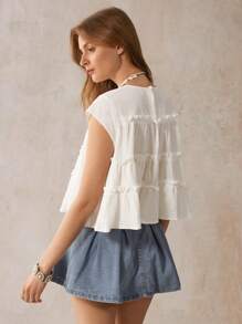 Wildy 波西米亚风美式乡村风宽松白色短袖休闲衬衫，适合办公室穿着，西部风格，女款波西米亚风娃娃衫，白色女款 - 白色 - 查看 3