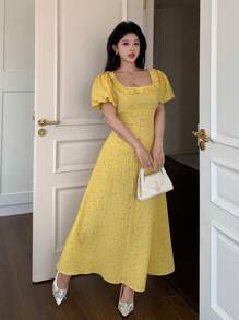Modelyn Vestido largo amarillo de estilo vacacional, de moda, romántico y dulce para mujeres - Mostaza Amarilla - Ver 7
