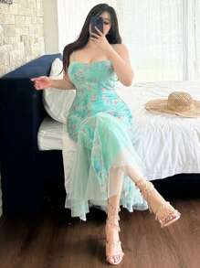 Dazy Plus 大码印花撞色网纱拼接侧开衩无袖度假风连衣裙/舞会礼服 - 藍色 - 查看 1