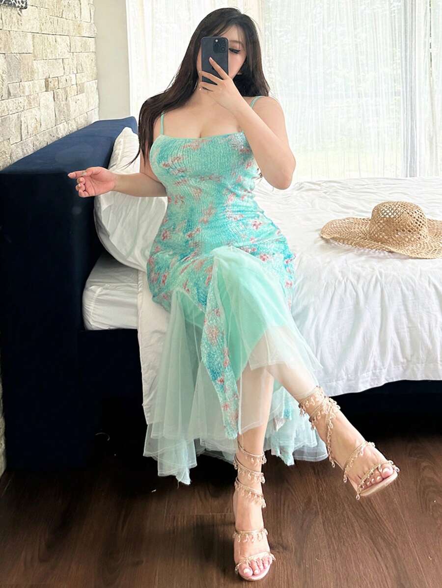 Dazy Plus 大码印花撞色网纱拼接侧开衩无袖度假风连衣裙/舞会礼服 - 藍色 - 查看 1