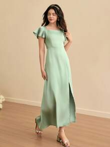 SHEIN Teen Girl Elegant Simple Square Neck Short Sleeve High Waist Slim Fit Long Dress With Slit, Satin Shiny Fabric, Green Color, High-End Teenage Girl Graduation/Wedding Flower Girl Dress