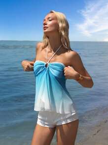 SHEIN ICON Áo hở lưng in lưới nhún bèo in hoa văn nhiệt đới Hawaii mùa hè cho nữ - Nhiều màu - Xem 6