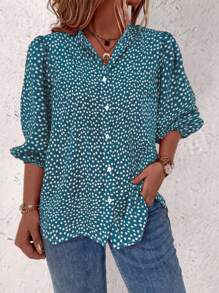 EMERY ROSE Floral Single Button Casual Daily Mid-Sleeve Shirt For New Year Clothes - Teal Blue - View 3
