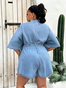 SHEIN Lady Bộ đồ liền thân denim cỡ lớn cho nữ, bộ đồ liền thân bó sát tay 3/4 mặc đi nghỉ thông thường, màu xanh lam - Rửa nhẹ - Xem 2