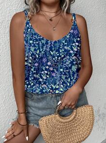 SHEIN LUNE 大码花卉印花夏季休闲吊带背心 - 藍色 - 查看 6