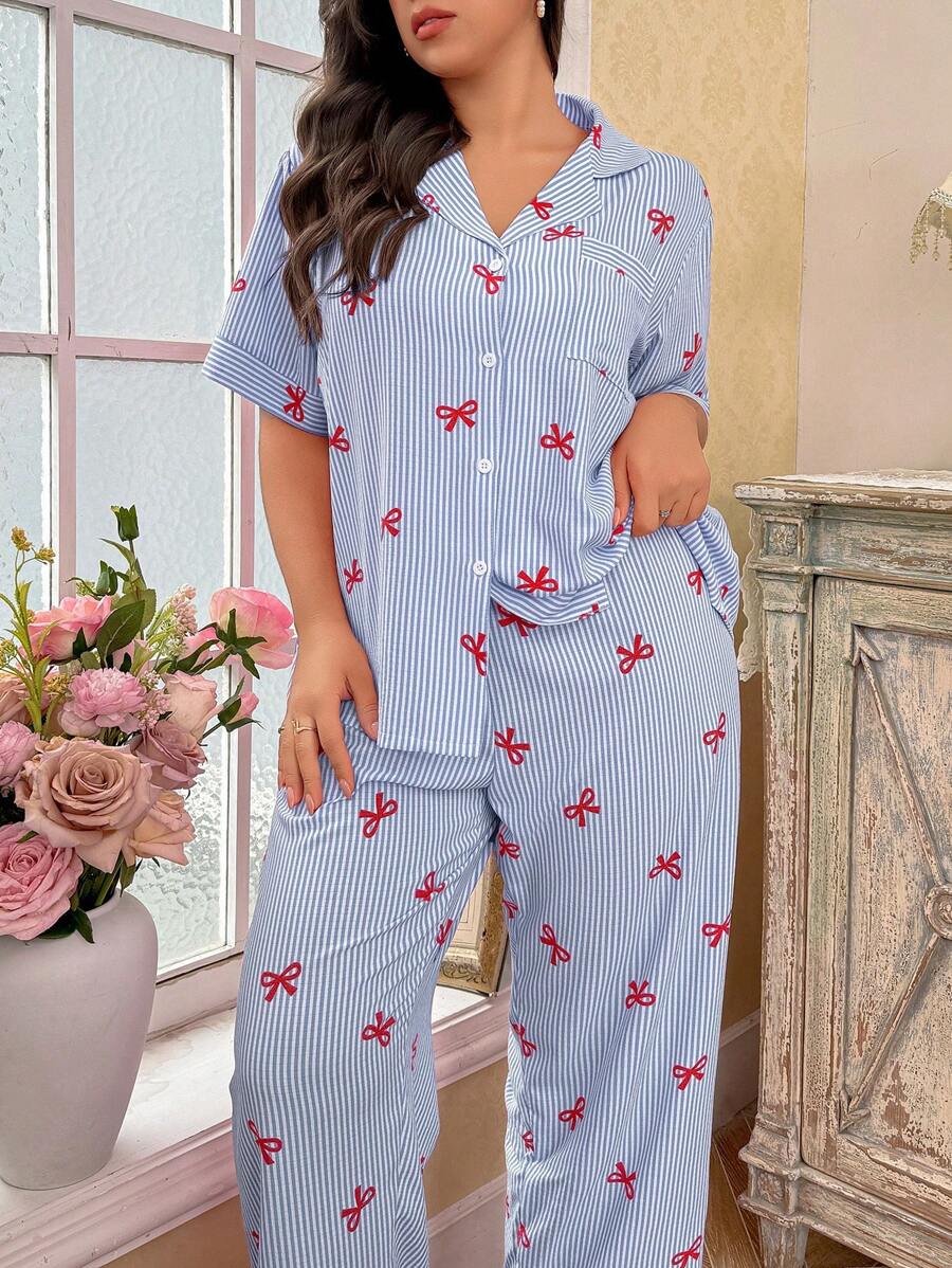 CottageSlumber Conjunto de pijama de pantalón y blusa de manga corta con estampado de rayas y moño, talla grande - Multicolor - Ver 1