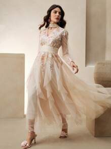 Anewsta 女士优雅彩色刺绣连衣裙，长袖拼布褶皱网纱下摆派对婚礼宾客礼服 - 杏色 - 查看 6