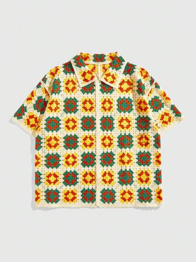 Street Life Men Loose Knitted Shirt Short Sleeve Tops, Vacation