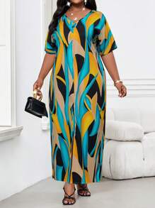 SHEIN Lady CURVE Vestido Túnica de Verão e Primavera Casual Modesto Colorido Tecido com Decote em V e Manga Curta para Mulheres Plus Size
