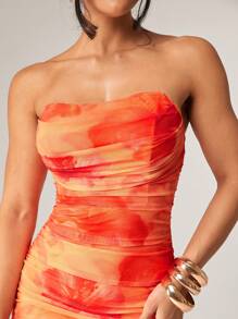 Silquee 橙色优雅花卉浪漫印花连衣裙，弹力网布修身连衣裙，适合浪漫约会、派对、情人节等节日 - 彩色 - 查看 4