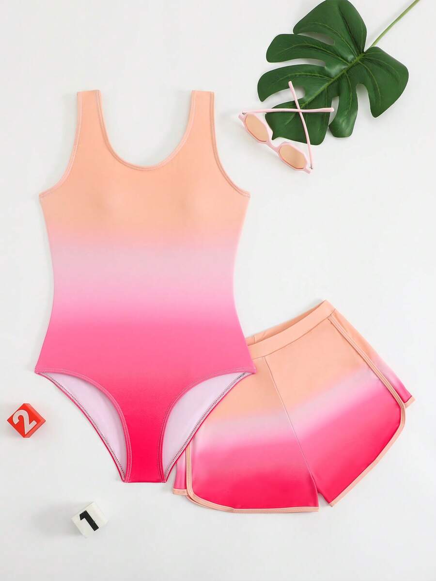 SHEIN 2 件套女童可爱渐变分体泳衣和短裤套装(固定印花) - 彩色 - 查看 1