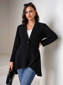 Chikora Plus Lapel Neck Single Button High Low Hem Blazer Graduation,Back To School,Teacher Outfits For Women In Fall/Winter - Black - View 3
