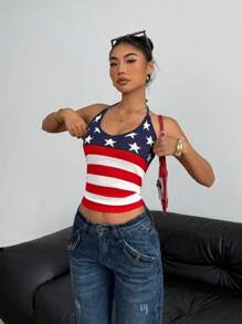SHEIN EZwear Áo hở vai dệt kim họa tiết cờ quốc gia Hoa Kỳ mừng kỳ nghỉ hè ngày 4 tháng 7 dành cho nữ - Nhiều màu - Xem 6