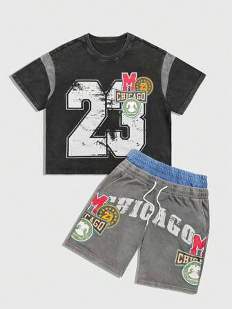 Street Life Conjunto de camiseta de manga corta con bloque de color e impresión digital y de letras casual y de calle, y pantalones cortos de cintura con cordón 2 en 1 para hombre, verano