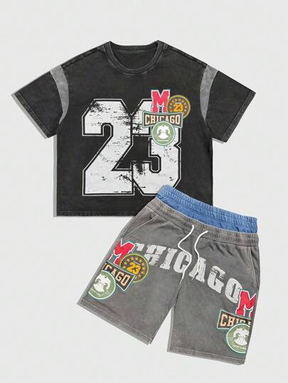 Street Life بدلة رجالية قصيرة الأكمام مكونة من t-shirt طباعة رقمية وأحرف بتصميم ألوان متناقضة وقصير بخصر قابل للسحب, مناسبة للصيف