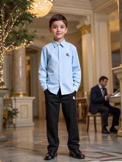 2pcs Boys Casual Chic Light Blue Shirt & Pants Set, Gentleman Outfit Suitable For Daily Wear, Formal Occasions & Gatherings