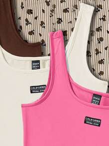 Attitoon 3pcs/Set Women U-Neck Form-Fitting Sleeveless Tank Top Bodysuit Set, Casual Everyday Wear, Suitable For Summer Suitable For Going Out - Multicolor - View 6