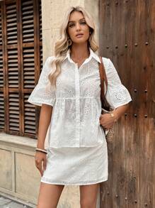 Breezaya 2pcs French Style Lace Embroidery Hollow Blouse And Mini Skirt Set - White - View 5