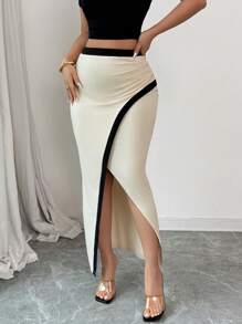 Selianne Damen eleganter, geraffter asymmetrischer Bodycon Rock mit hohem Schlitz und Kontrastfarben, dehnbar