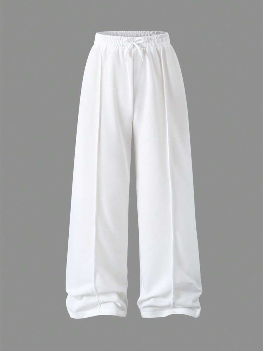 Sparklyn Tween Girls' Casual Everyday Minimalist Knitted Loose Fit Versatile Athletic Plain Leggings, Suitable For Outings, Shopping, Outdoor, Elegant Waist Design, Straight Leg All-Match Sportswear Loose White Pants